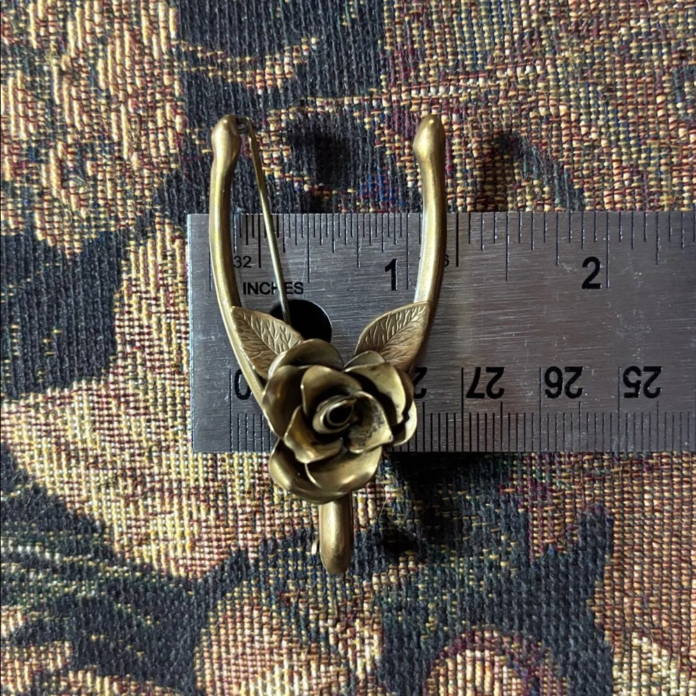 Vintage 1940s Gold Gilded Brass Wishbone Rose Brooch Pin